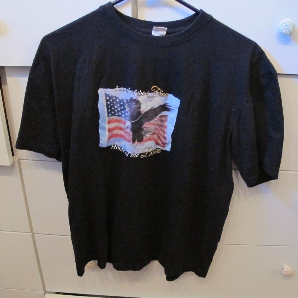 Black TShirt American Flag  "Home of the Free Because of the Brave, Size Large